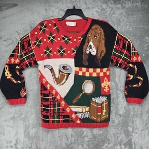 Vintage Eagle's Eye Womens Medium Sweater Holiday Themed Dog Pipe 1990